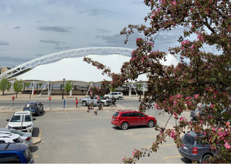 parking lot with some vehicles and some empty spaces